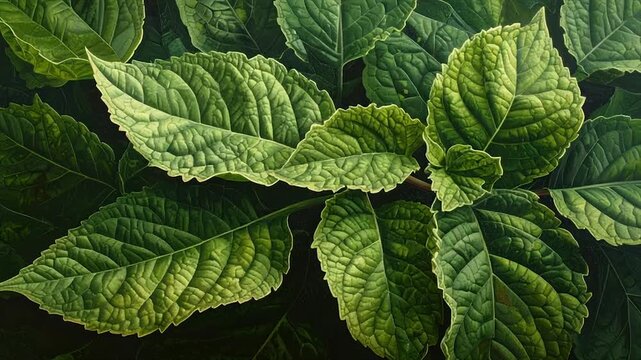 Detailed close-up of lush green leaves, showcasing veins, textures and subtle color gradients