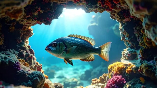 A vibrant fish swims through a coral reef, illuminated by sunlight
