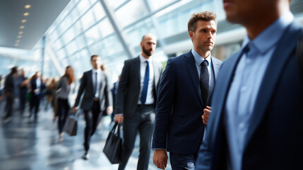 Fototapeta premium Faceless business professionals actively networking and communicating in a large modern conference hall, wide-angle shot with dynamic crowd movement and motion blur, defocused