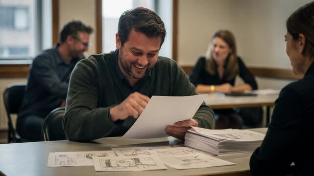 Comedic script readthrough with main actor emphasizing punchlines costars reacting in blurred background storyboard sketches lightly visible on table.