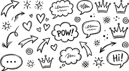 Obraz premium Hand drawn doodle elements collection with arrows hearts speech bubbles crowns stars comic symbols sketch outline icons for creative design