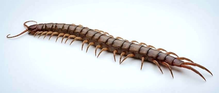 Brown centipede with multiple legs and segmented body isolated on white background for educational and scientific design projects.