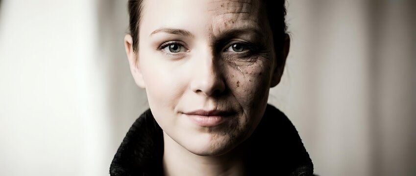 Young Caucasian woman with half face showing severe bruising and injuries from domestic violence or abuse, serious expression against neutral background.