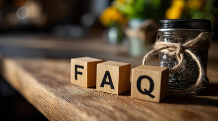 Close-up of wooden FAQ letter blocks arranged on a wooden table surface, defocused background, business communication concept, informational display, FAQ symbol design, with copy