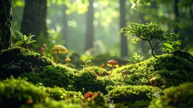 A sunlit forest floor scene with moss, mushrooms, and small trees