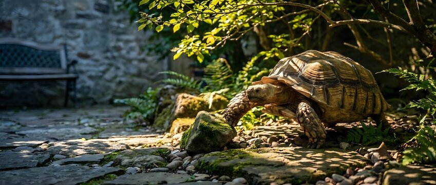 Hermann's tortoise walking on stone path in Mediterranean garden setting with natural sunlight and green foliage creating peaceful wildlife scene.