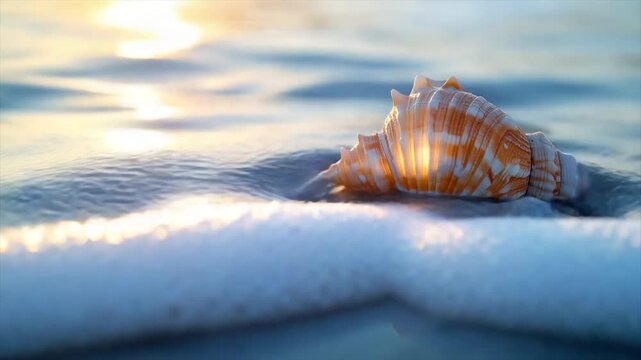 A sunlit seashell rests on the wet sand, reflecting in the water, beside a foamy sea