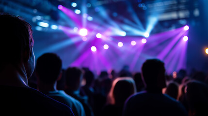 Naklejka premium Silhouettes of people moving and dancing under intense blue and purple ultraviolet lighting in a nightclub with a DJ on a raised stage, defocused crowd background, nightlife event