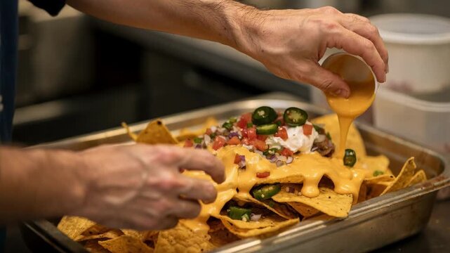 Concession worker carefully layering nachos with cheese and toppings in a softly blurred quiet preparation setting.
