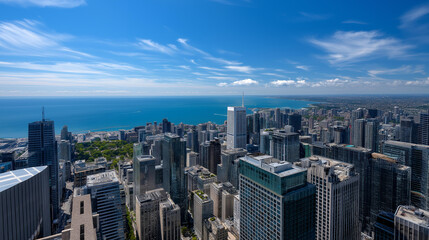 Obraz premium Panoramic cityscape with many tall buildings and a large body of water in the background, defocused background, urban skyline concept, city architecture, with copy space