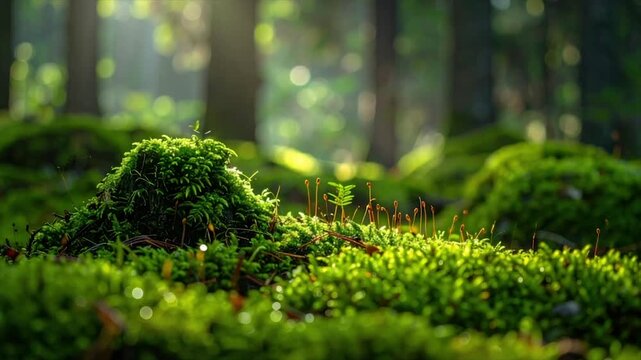 Lush green forest floor, illuminated by dappled sunlight. Moss and tiny plants thrive