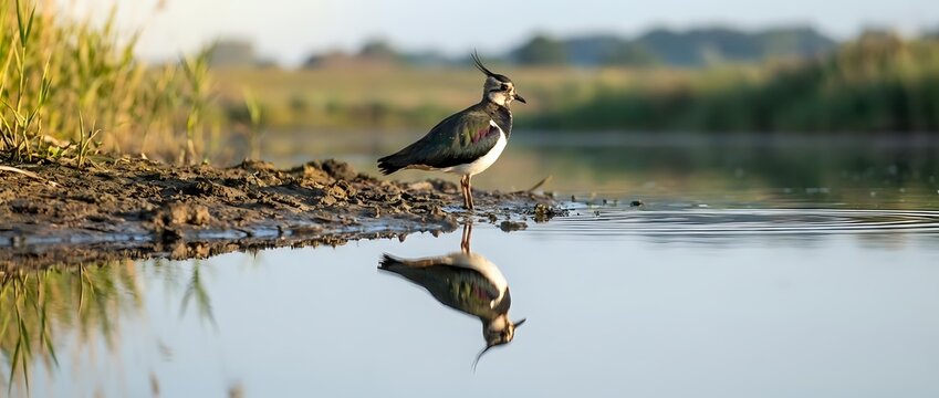 Killdeer bird standing on muddy shoreline with perfect reflection in calm water during golden hour at wetland habitat.