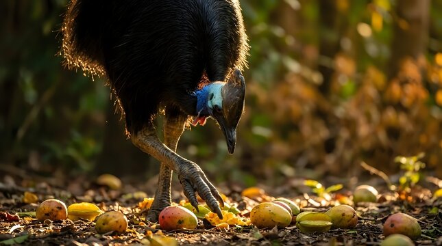 Southern cassowary bird foraging for fallen fruit on forest floor during golden hour lighting in tropical rainforest habitat.