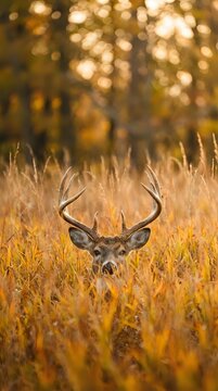 Majestic buck deer with antlers emerging from golden autumn grass field with warm bokeh forest background during sunset hunting season wildlife photography.