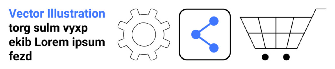 Technology, e-commerce, connectivity, digital tools, online shopping, and system integration. Gear, share icon and shopping cart with minimalist design. Technology and e-commerce concept © robu_s