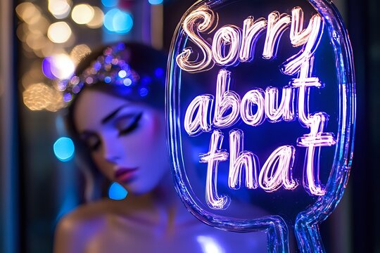 Sorry about that neon sign with blurred woman in background, colorful bokeh lights creating apologetic atmosphere for social media and communication concepts.