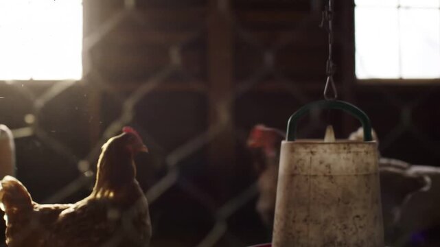 Chickens in a Rustic Barn with Sunlight Streaming Through the Window