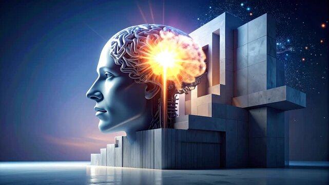 A futuristic profile of a head with a glowing brain, set in an abstract architectural landscape