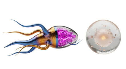 Naklejka premium A vibrant metallic amoeba with glowing magenta filaments and iridescent blue-gold pseudopods reaches a softly glowing translucent ovum in a sterile white studio, concept of life's beginning