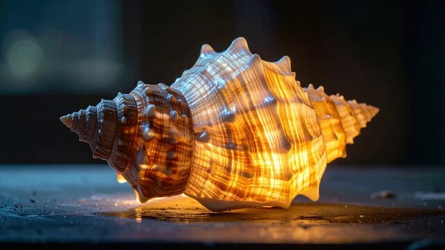 Illuminated conch shell resting on a dark surface, glowing with internal light