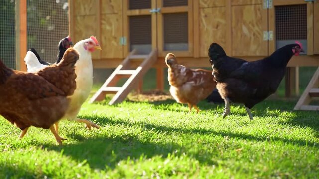 Chickens Roaming Freely on Lush Green Grass Near Chicken Coop
