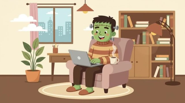 Cute Frankenstein monster working from home on a laptop Animation