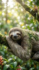 Fototapeta premium Adorable sloth hanging on tree branch in lush tropical rainforest with soft bokeh light filtering through green canopy during peaceful afternoon.