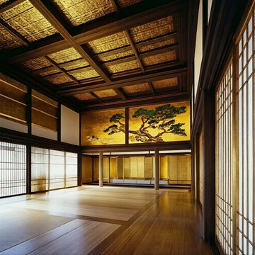 ​Luxurious Traditional Japanese Room with Golden Pine Tree Wall Art and Tatami