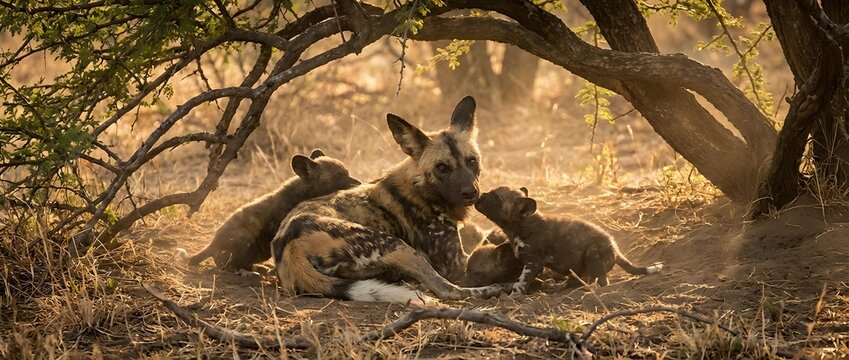 African wild dog pack resting under acacia tree shade in savanna wilderness during golden hour light creating warm natural wildlife scene.