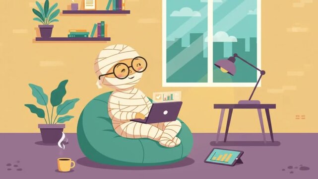 Cute mummy character working from home on a laptop Animation