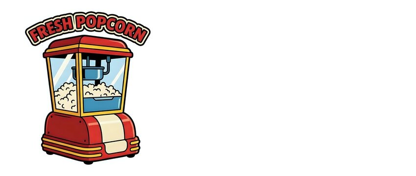 Vintage red popcorn machine with glass display case filled with fluffy white kernels, classic carnival snack equipment isolated on white background.