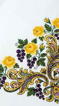 Ornate embroidered floral corner design with yellow roses, purple grapes and golden baroque scrollwork on white fabric background for luxury textile decoration.