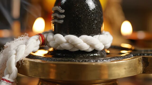 Close up of Shiva Lingam adorned with white rope and sacred ash near flickering diyas and incense smoke creating a serene spiritual atmosphere
