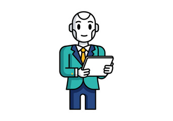 A friendly robot businessman holding a tablet, ready for modern business ventures and digital solutions