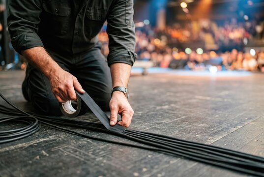 Stage technician using black gaffer tape to secure audio cables to the stage floor before a show