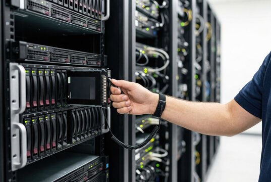 Information technology administrator removing a hard drive from a storage server rack in a datacenter