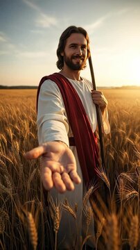 Jesus Christ as the Good Shepherd in a Golden Wheat Field at Sunset