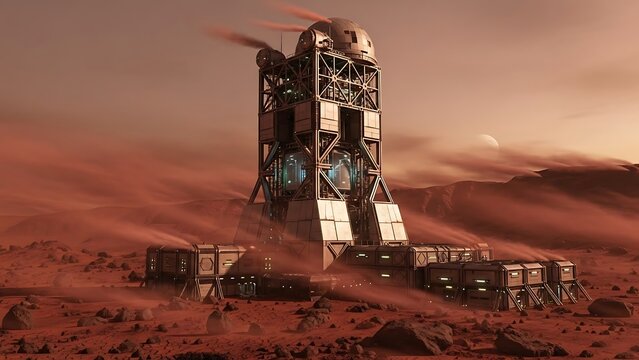 Futuristic Mars Colony Base: Sci-Fi Research Facility in Arid Martian Desert Landscape at Dawn