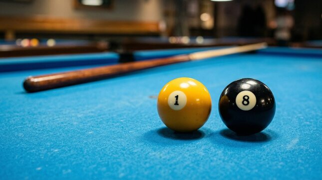 Classic yellow and black 8-ball billiard balls on blue pool table with wooden cue stick