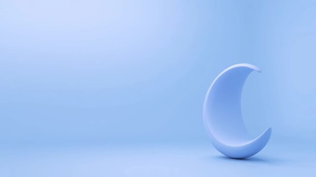 Crescent Moon Symbol: A minimalist, clean 3D render of a pale blue crescent moon shape against a soft, serene blue backdrop, perfect for themes of night, dreams, or celestial representation.