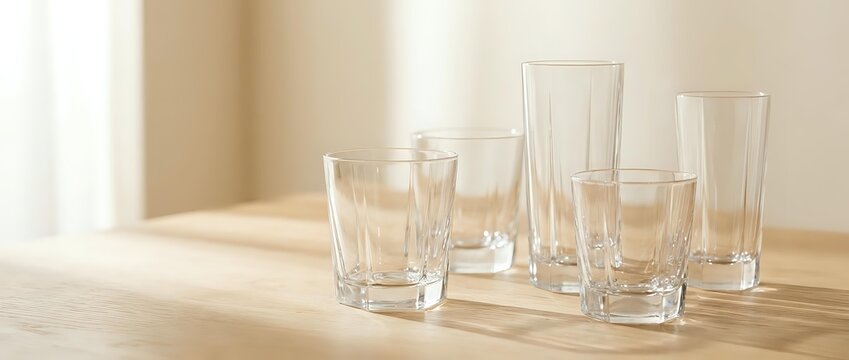 Empty clear glass tumblers arranged on wooden table with soft natural lighting. Modern minimalist glassware collection for kitchen and dining room decor.