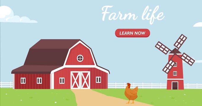 Farm landscape. Moving banner with beautiful panorama of village with red wooden barn, windmill, sown fields and chicken. Agriculture and farming. Flat graphic animated cartoon