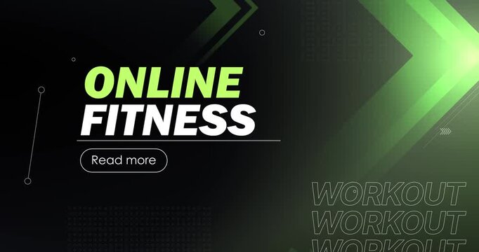 Online fitness banner. Moving landing page template with neon geometric shapes and arrows. Design for sports or workout website. Abstract flat animated graphics