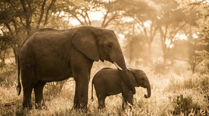 Fototapeta premium African elephant mother with baby calf walking together in golden sunset light through savanna grassland with acacia trees creating warm family bond moment.