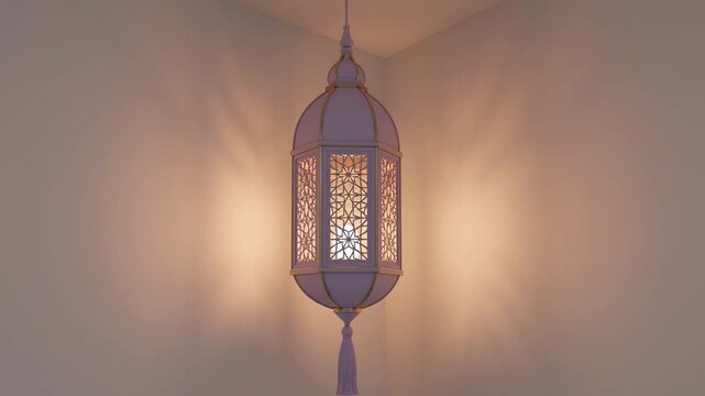 Decorative Lantern in Corner: A beautifully crafted lantern with intricate patterns casts a warm, ambient glow on a plain wall, creating an inviting and tranquil atmosphere.