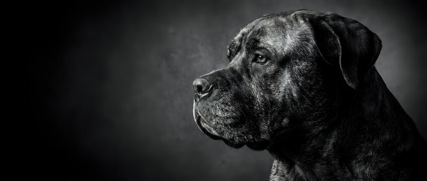 Majestic mastiff dog portrait in dramatic black and white photography with moody lighting and dark background for pet lover designs and canine artwork.