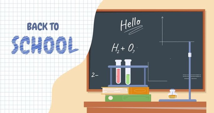 Back to school. Moving banner with books, chemical flasks and test tubes lying on table next to blackboard in school classroom. Flat graphic animated cartoon