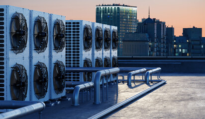 Urban infrastructure, HVAC engineering. Rooftop air conditioning units and pipelines operate on...