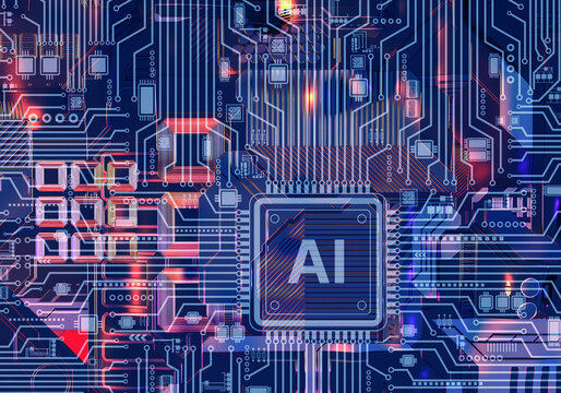 Electronics, Semiconductor industry. Microchip with AI marking mounted on circuit board processes data, representing artificial intelligence hardware, computing technology, and digital systems design.