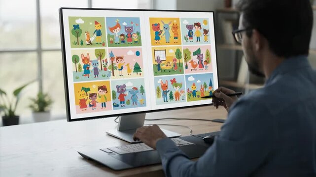 Designer reviewing colorful childrens picture book pages on a large monitor during daytime focusing on page layout and illustration placement with blurred background.